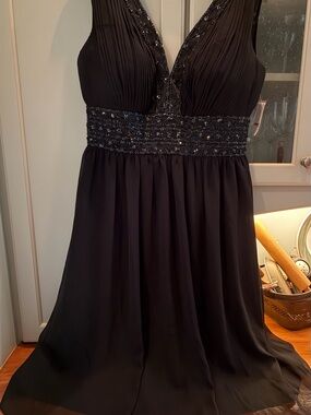 dressbarn Black Beaded Empire Waist Midi Cocktail Dress